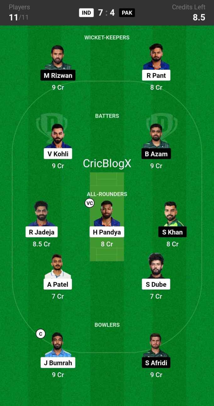 IND vs PAK Dream11 prediction Today Match