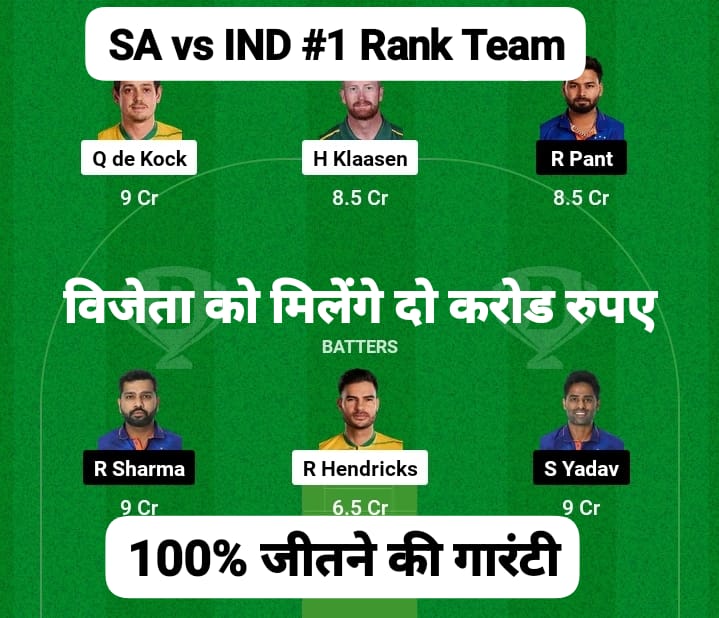 IND vs SA Dream11 Prediction Team : रोहित शर्मा या हेनरिक क्लासेन किसे बनाये कप्तान, देख लो आज का Fantasy Team