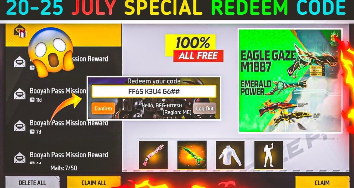 Garena Free Fire MAX Redeem Codes for July 20:100% वर्किंग फ्री फायर रिडीम कोड